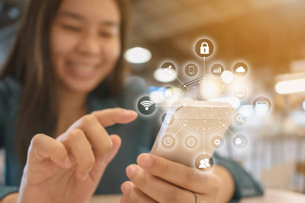 istock Asian woman hand using smartphone with icon technology communication and internet of things (IOT). Innovative convenience smart life concept 1050099070