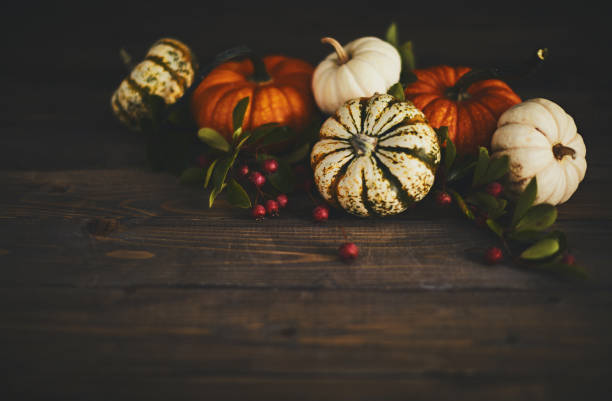 istock Thanksgiving background with pumpkin variety and berries 1050116778