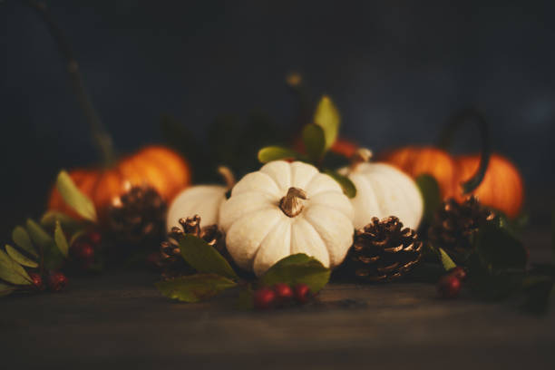istock Thanksgiving arrangement with pumpkin variety and berries 1050116784