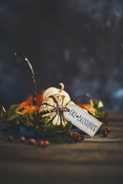 istock Pumpkin assortment still life and blessings greeting 1050116998