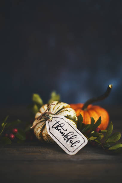 istock Pumpkin assortment still life and thankful message 1050118992