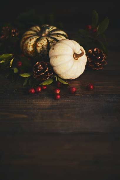 istock Thanksgiving background with white and mottled pumpkins and berries 1050119336