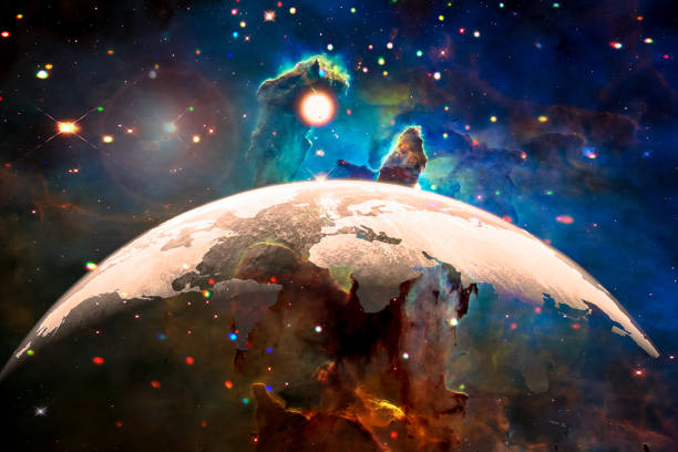 istock Blue world map silhouette dome semisphere on the planet Earth in an outer space, collage. Landscape in fantasy galaxy background The elements of this image furnished by NASA. 1050125192