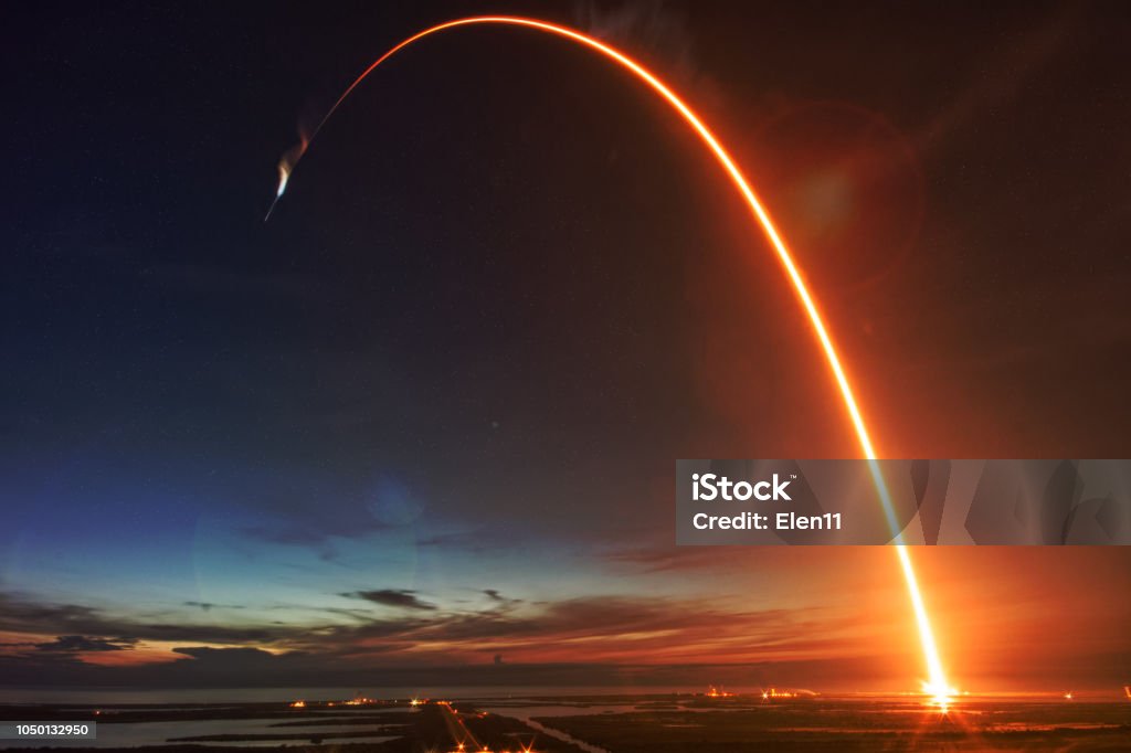 Missile launch at night. The elements of this image furnished by NASA. Missile Stock Photo