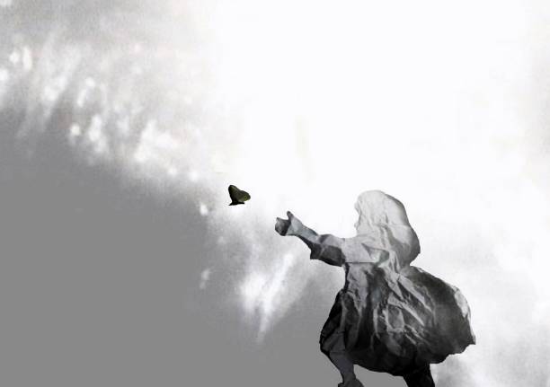 Photo of crumpled paper. Here is a little girl dressed in a summer dress. She runs for a butterfly on the lawn, illuminated by bright sunlight.