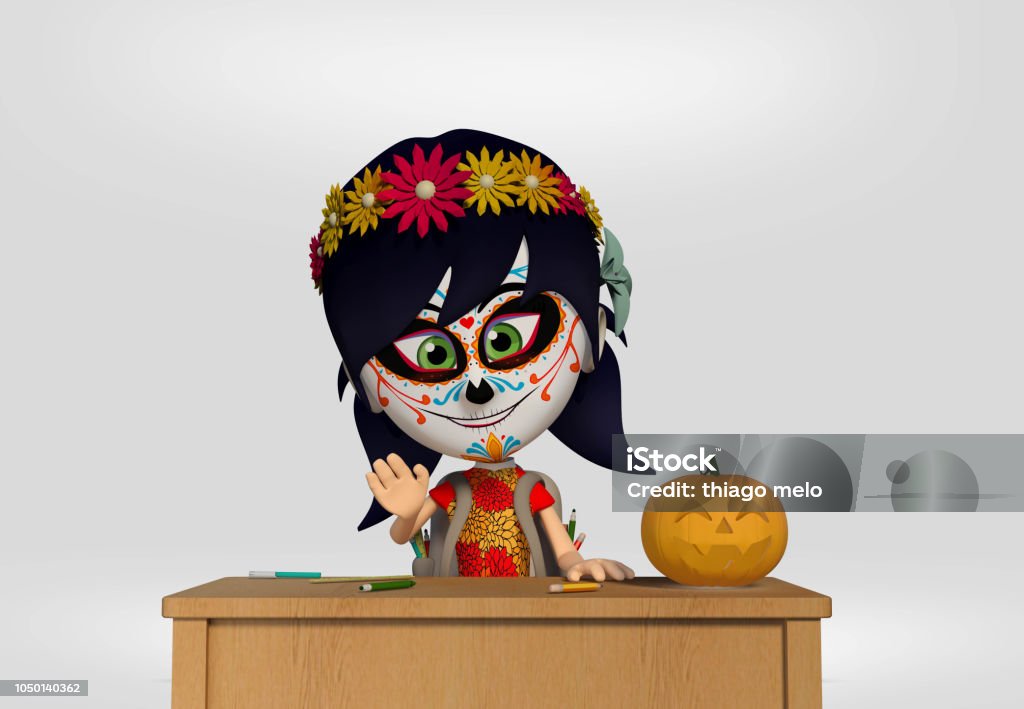 Student costumed maexican skull day of the dead, student girl dressed as a Mexican skull. 3d cartoon illustration Art Stock Photo