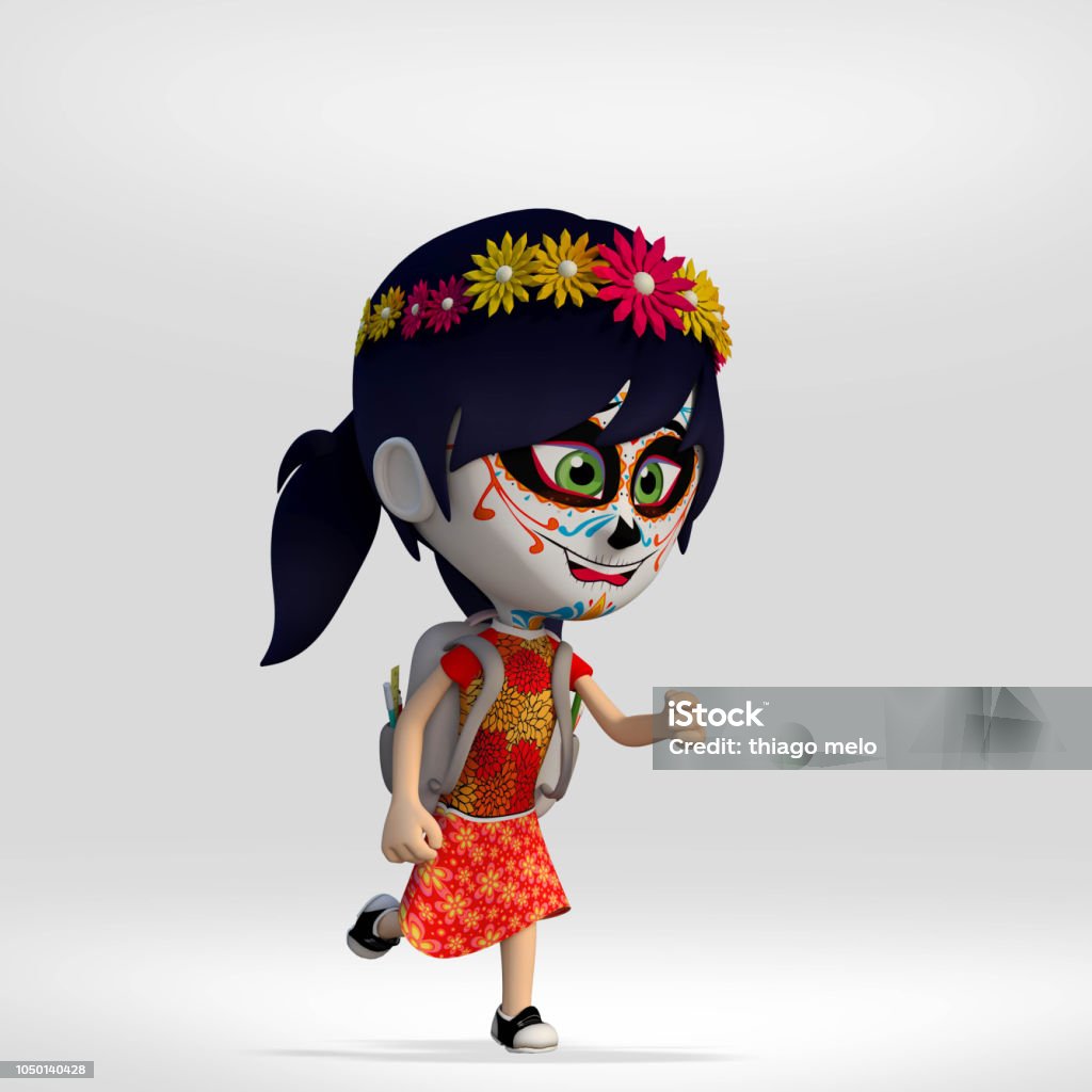 Student costumed maexican skull day of the dead, student girl dressed as a Mexican skull. 3d cartoon illustration Art Stock Photo