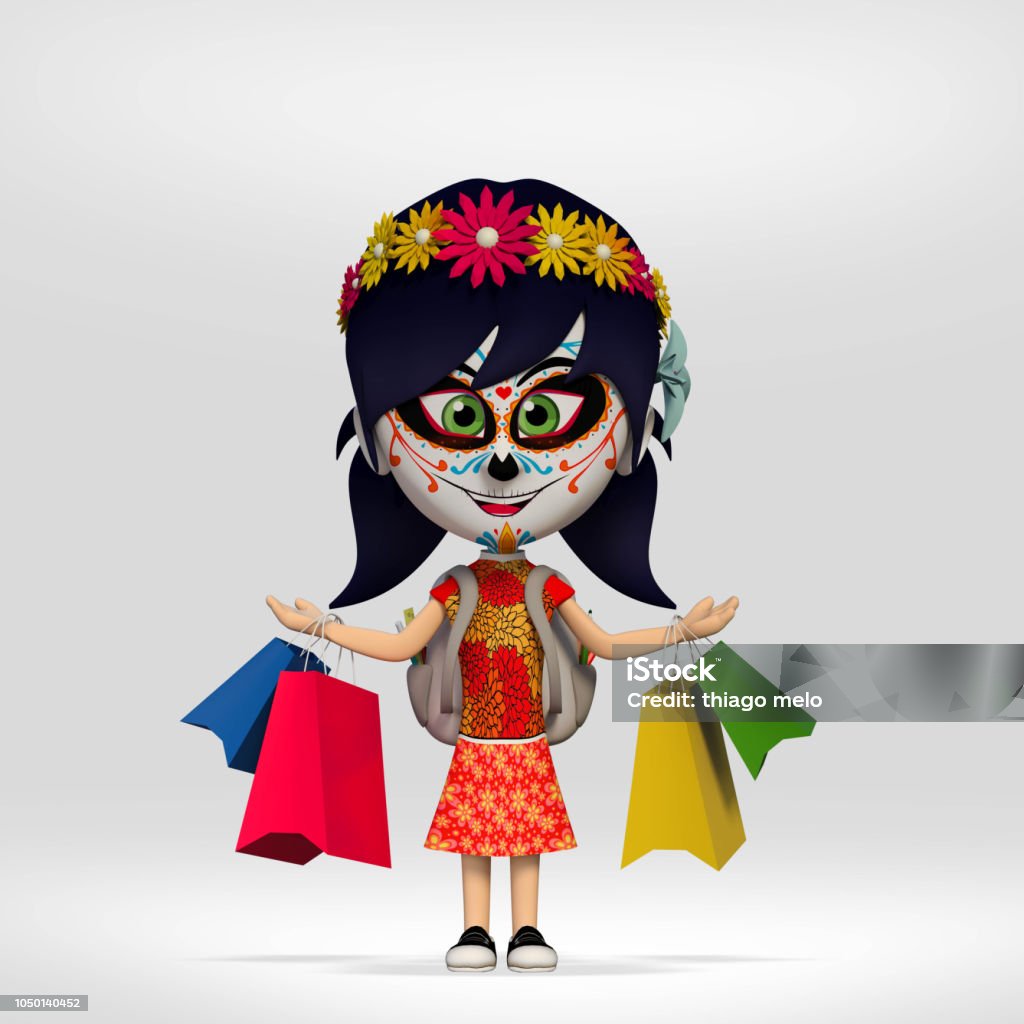 Student costumed maexican skull dia de los muertos, student girl dressed in Mexican skull making shopping. 3d cartoon illustration Art Stock Photo