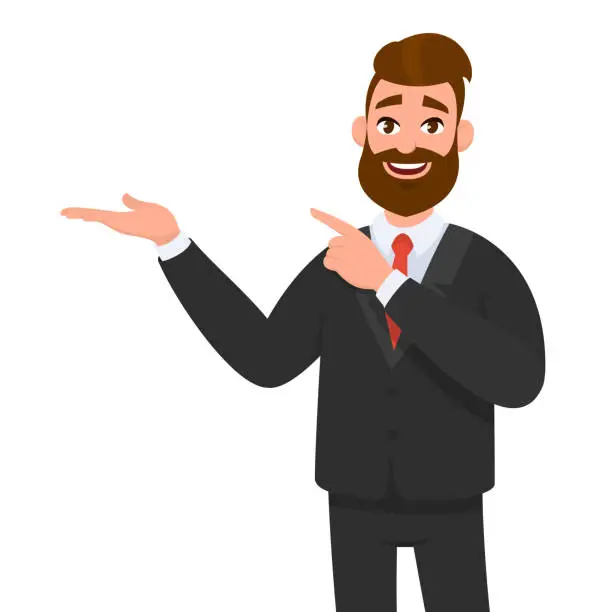 Vector illustration of Happy businessman showing hand gesture copy space to present or introduce something and pointing index finger. Presentation, advertisement, introduce concept illustration in vector cartoon style.