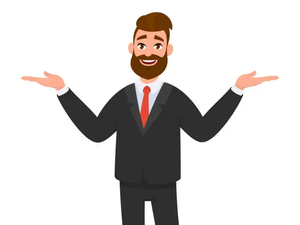 Vector illustration of Happy businessman spreading his hands to the sides. Man pointing away and showing or presenting something. Man pointing hands to copy space. Businessman concept illustration in vector cartoon style.