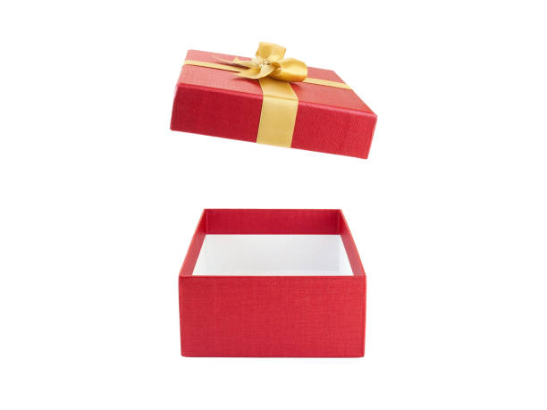 closeup open and empty red gift box with gold ribbon bow isolated on white background
