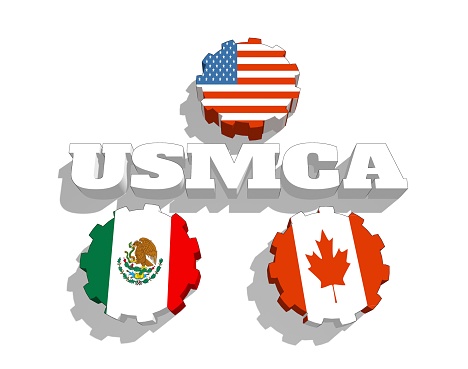 Acronym USMCA - United States Mexico Canada Agreement. 3D rendering. National flags on gears
