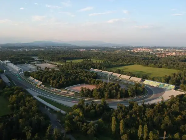 Photo of Monza circuit aerial view at sunset, shot with drone