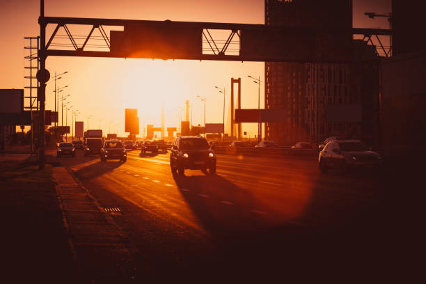 istock Highway city traffic in sunset light. 1050174958