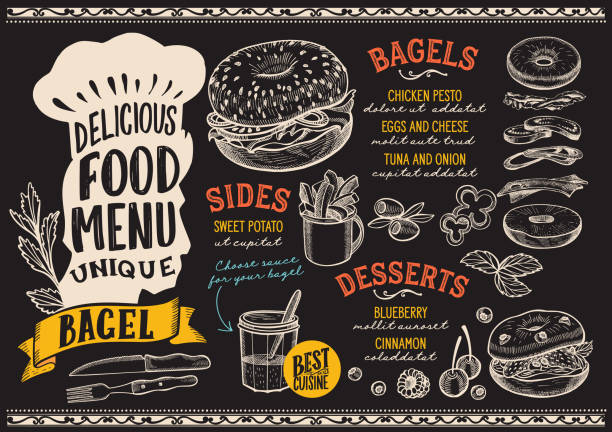шаблон меню bagel для ресторана с надписи шеф-поваров. - chef food cooking sandwich stock illustrations