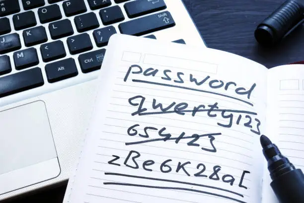 Photo of Strong and weak easy Password. Note pad and laptop.