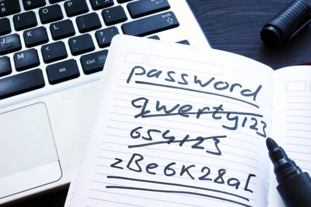 strong and weak easy password. note pad and laptop. - password imagens e fotografias de stock