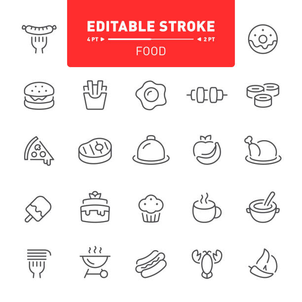 Food Icons Food, restaurant, outline, editable stroke, icon set, hamburger, strip steak, seafood, soup omelette on the plate stock illustrations