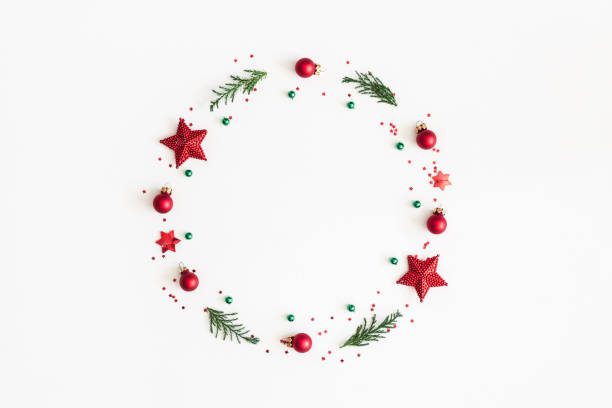 istock Christmas composition. Christmas wreath on white background. Flat lay, top view, copy space 1050189732