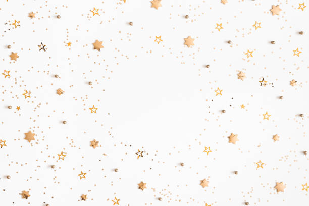 istock Christmas composition. Christmas golden decorations on white background. Flat lay, top view, copy space 1050189736