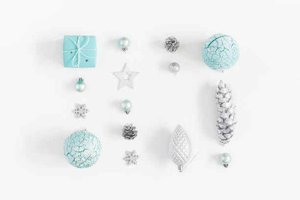 istock Christmas composition. Christmas gifts, blue decorations on white background. Flat lay, top view, copy space 1050189934