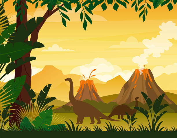 illustrazioni stock, clip art, cartoni animati e icone di tendenza di illustrazione vettoriale di bellissimo paesaggio preistorico e dinosauri. alberi e piante tropicali, montagne con vulcano in stile cartone animato piatto. - stegosauro