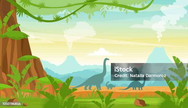 Vector Illustration Of Silhouette Of Dinosaurs On The Jurassic Period Landscape With Mountains Volcano And Tropical Plants In Flat Cartoon Style Stock Illustration - Download Image Now