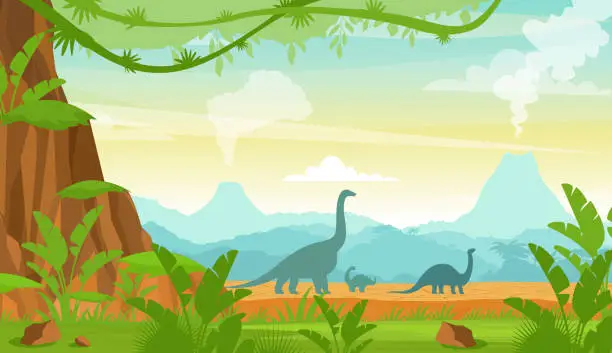 Vector illustration of Vector illustration of silhouette of dinosaurs on the Jurassic period landscape with mountains, volcano and tropical plants in flat cartoon style.