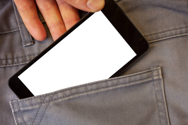 istock Design business Empty template isolated Minimalist graphic layout template for advertising Man hold holding cell phone white screen jean pocket messages application 1050205896