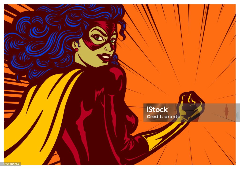 Pop art comics style superheroine with clenched fist female superhero vector illustration Pop art comic book style super heroine with clenched fist female superhero vector illustration Superhero stock vector