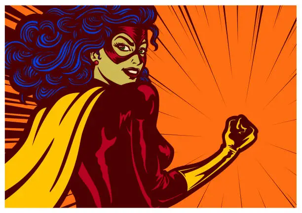 Vector illustration of Pop art comics style superheroine with clenched fist female superhero vector illustration