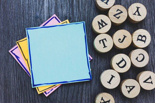 istock Design business concept Empty template copy space text for Ad website isolated Black wooden deck written sticky note beside some round woody alphabets 1050207100