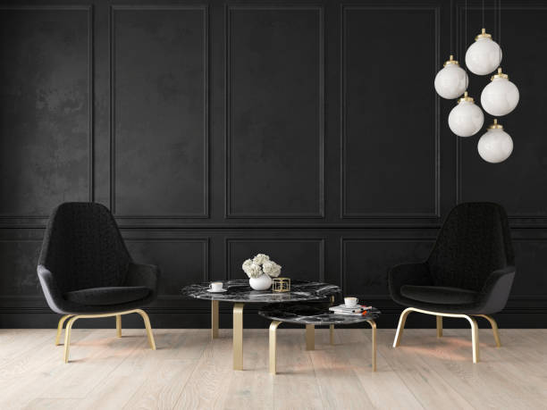 istock Modern classic interior with armchairs, lamp, table, wall panels and wooden floor. 1050207544