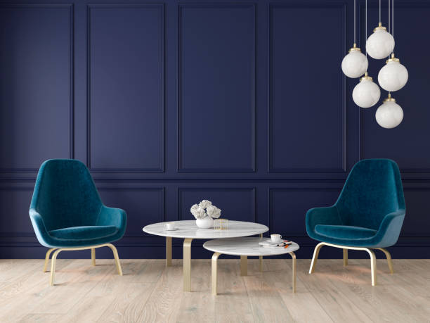 istock Modern classic interior with armchairs, lamp, table, wall panels and wooden floor. 1050207550