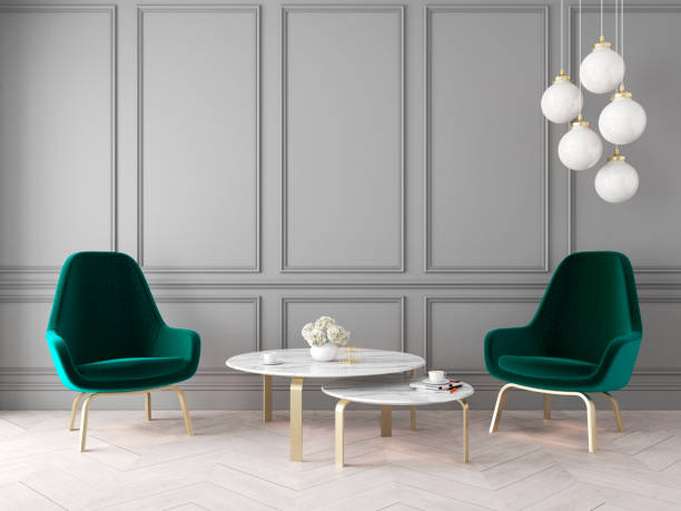 istock Modern classic interior with armchairs, lamp, table, wall panels and wooden floor. 1050208204