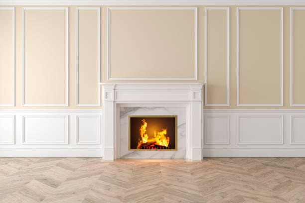 istock Modern classic beige interior with fireplace, wall panels, wooden floor. 1050208308