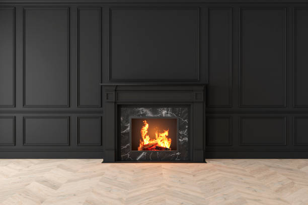 Modern classic black interior with fireplace, wall panels, wooden floor.