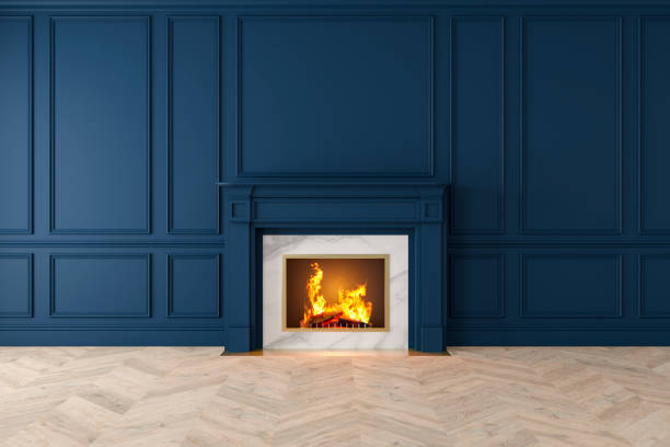 istock Modern classic dark blue interior with fireplace, wall panels, wooden floor. 1050208346