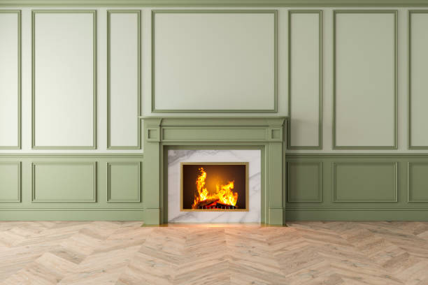 istock Modern classic green interior with fireplace, wall panels, wooden floor. 1050208356