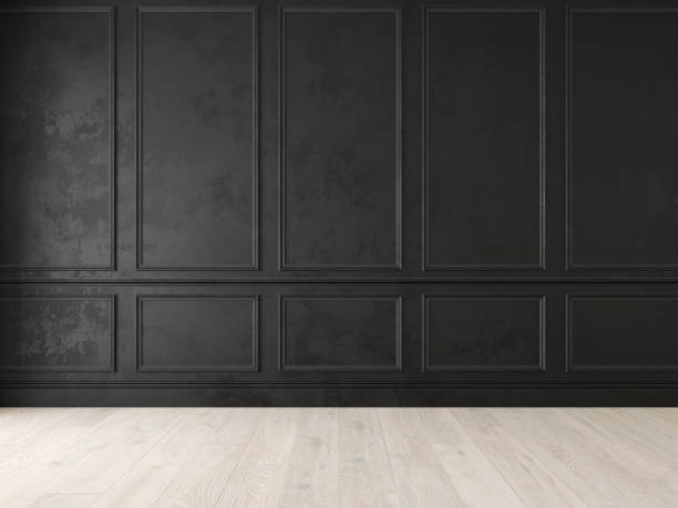 istock Modern classic black empty interior with wall panels and wooden floor. 1050210236