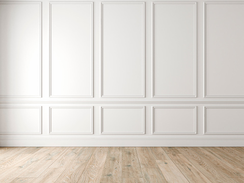 Interior vacío blanco clásico moderno con paneles de pared y piso de madera. photo