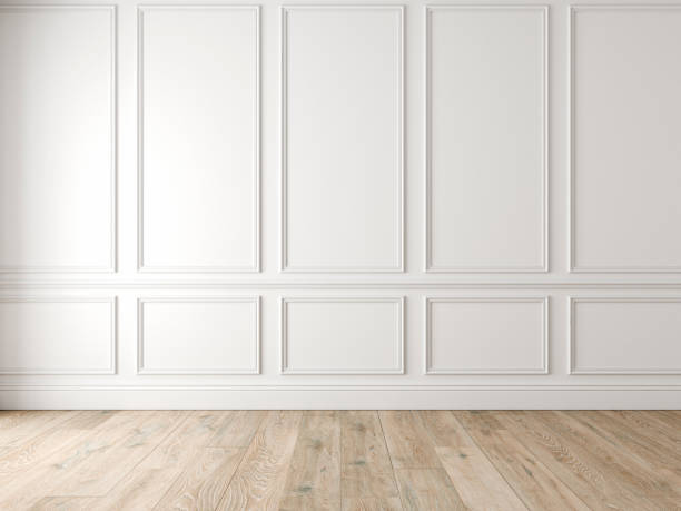 interior vacío blanco clásico moderno con paneles de pared y piso de madera. - pared fotografías e imágenes de stock