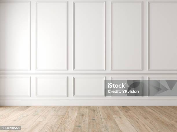 Moderno Classico Interno Vuoto Bianco Con Pannelli Murali E Pavimento In Legno - Fotografie stock e altre immagini di Muro