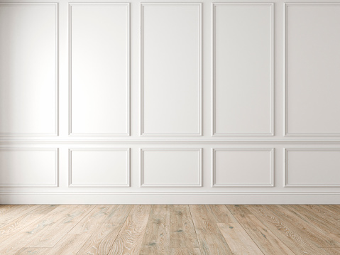 Modern classic white empty interior with wall panels and wooden floor. 3d render illustration mock up.