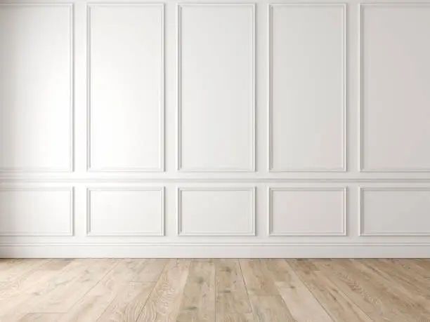 Photo of Modern classic white empty interior with wall panels and wooden floor.