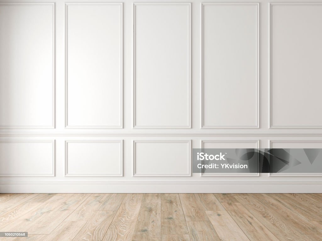 Moderno clássico branco vazio interior com painéis de parede e chão de madeira. - Foto de stock de Parede royalty-free