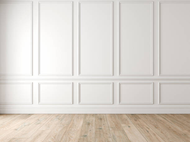 modern classic white empty interior with wall panels and wooden floor. - wall imagens e fotografias de stock