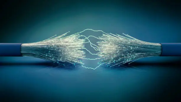 Optic fiber cable connection with electric arc, 3D rendering