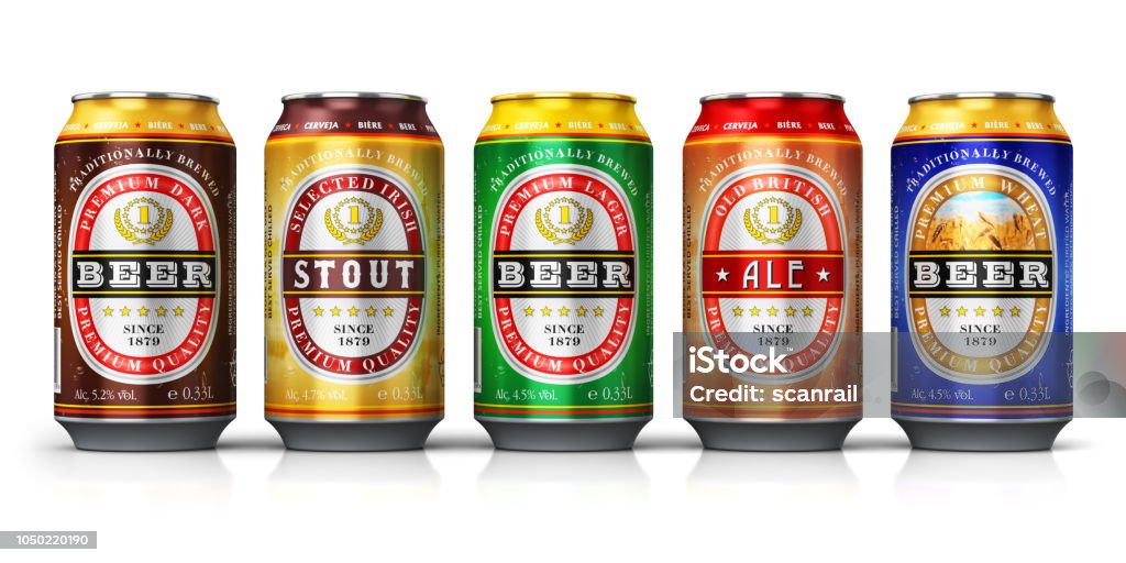 Set of beer cans isolated on white background Creative abstract 3D render illustration of the set or assortment of different color metal tin cans with light lager, Irish stout, British ale, dark and wheat beer isolated on white background with reflection effect Beer - Alcohol Stock Photo