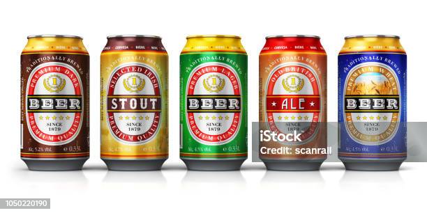 Set Of Beer Cans Isolated On White Background Stock Photo - Download Image Now - Beer - Alcohol, Can, Label